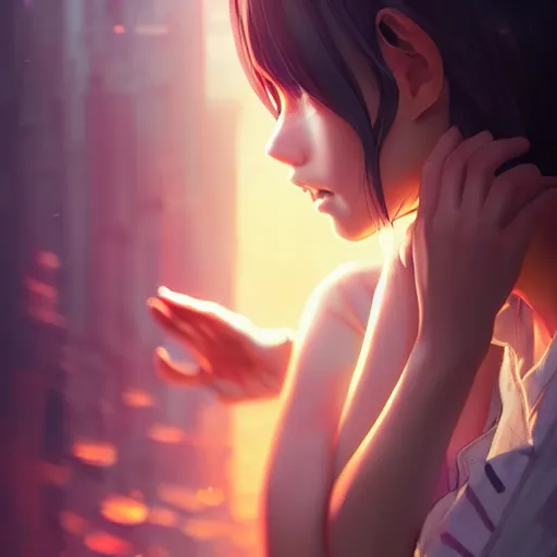 Prompt: very small little girl by ross tran, touching their reflection sana takeda, rtx reflections, very high intricate details, digital anime art by artgerm, medium shot, mid - shot, composition by ilya kuvshinov, lighting by greg rutkowski