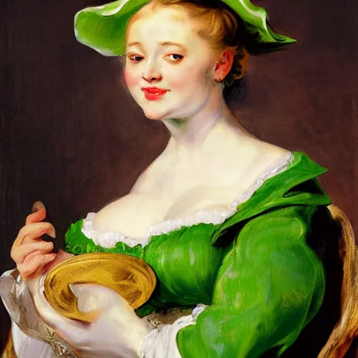 Prompt: heavenly summer sharp land sphere scallop well dressed lady holding a green paper coffee cup, auslese, by peter paul rubens and eugene delacroix and karol bak, hyperrealism, digital illustration, fauvist, green paper coffee cup