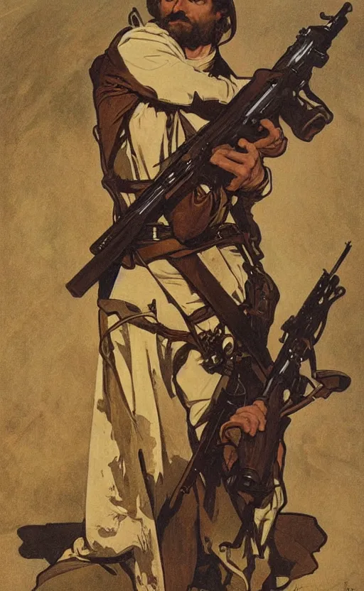 Image similar to portrait of John Brown holding a rifle, lithograph by Alphonse Mucha and Greg Rutkowski and David Lozeau