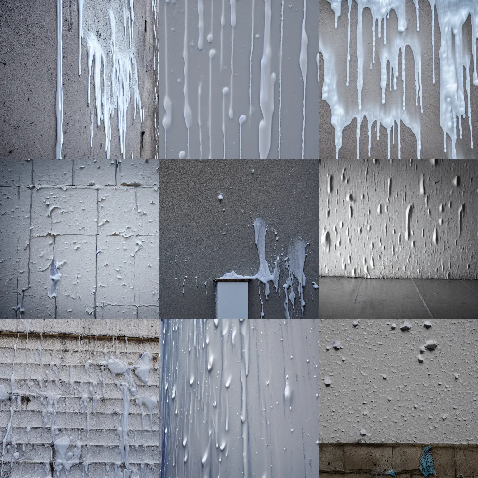 Prompt: white goo dripping down the wall, 4 k photograph, real