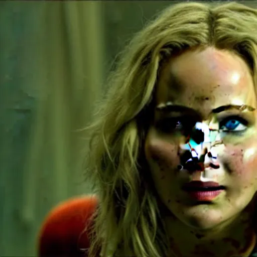 Image similar to cinematic jennifer lawrence as frankensteins monster, color photography, sharp detail, she is amused, still from the movie avengers, dirt on face