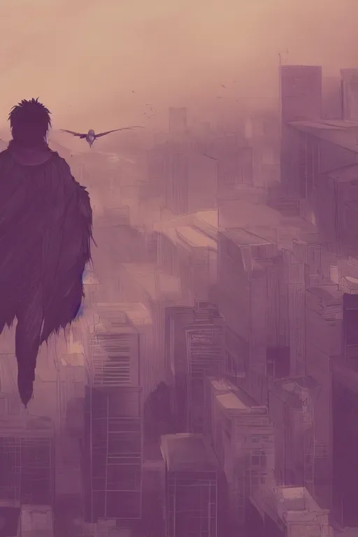 Prompt: concept art painting of a guy with wings flying over city, ground view, moody vibe, moody lighting, artgerm, moebius, inio asano, toon shading, cel shading, calm, tranquil, vaporwave colors,