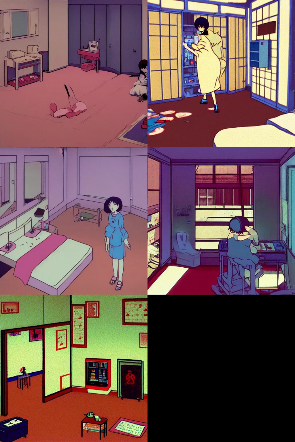 Prompt: Mima\'s room from perfect blue by satoshi kon, 90s anime