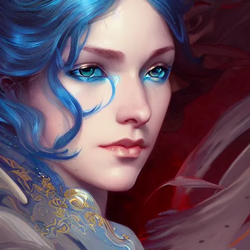 Image similar to a girl with blue hair and red eyes, D&D, fantasy, intricate, elegant, highly detailed, digital painting, artstation, concept art, smooth, sharp focus, illustration, art by artgerm and greg rutkowski and alphonse mucha