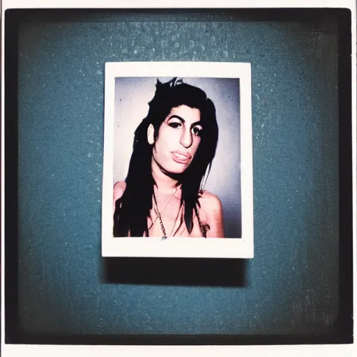 Image similar to polaroid of amy winehouse on a rainy night in the east village at night, raining!