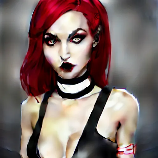 Image similar to a feminine curvy pale hot goth cutie wearing a modest tight black and red latex-nylon high-neck dress, choker necklace, cgsociety, photorealistic, sublime-hyperadvanced-amorous ambience, 16k, smooth, sharp focus, trending on ArtStation, volumetric lighting, fully clothed, thin waist