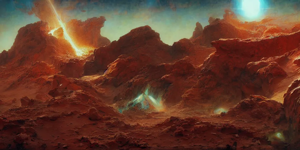 Image similar to supernova, red mountains on mars, sandfalls, ruins, painted by ruan jia, raymond swanland, lawrence alma tadema, zdzislaw beksinski, norman rockwell, jack kirby, tom lovell, alex malveda, greg staples