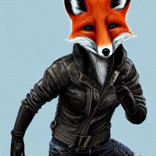 Image similar to A fox with a small head wearing a leather jacket and leather jeans and leather gloves, trending on FurAffinity, energetic, dynamic, digital art, highly detailed, FurAffinity, high quality, digital fantasy art, FurAffinity, favorite, character art