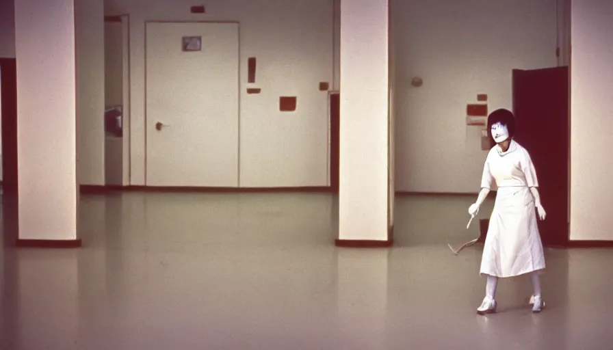 Image similar to 60s movie still of a white japanese female phantom with bloody jaw in an empty soviet stalinist style hospital with yellow tiles floor with light blue beds, cinestill 800t 35mm technicolor, heavy grain, high quality, higly detailed, liminal space