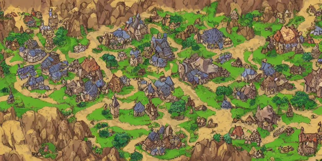 Image similar to a high detailed village vector art presenting an aerial view of a cartoonish rpg village by dungeondraft, dofus, patreon content, containing tables and walls, hd, straight lines, vector, grid, dnd map, map patreon, fantasy maps, foundry vtt, fantasy grounds, aerial view, dungeondraft, tabletop, inkarnate, dugeondraft, roll 2 0