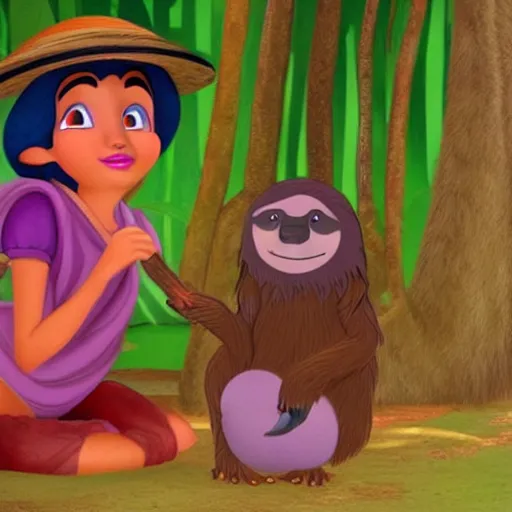 Image similar to a beautiful young indian cottagecore witch holds a cute sloth, 1 9 9 5 disney animation, highly detailed