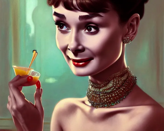 Image similar to photography of audrey hepburn in breakfast at tiffany's, deep focus, intricate, elegant, highly detailed, digital painting, artstation, concept art, matte, sharp focus, illustration, art by artgerm and greg rutkowski and alphonse mucha