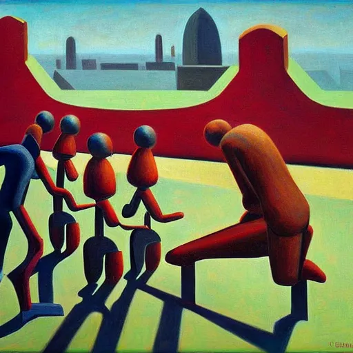 Prompt: prostrate robots, behemoth alien shaman god, grant wood, pj crook, edward hopper, oil on canvas