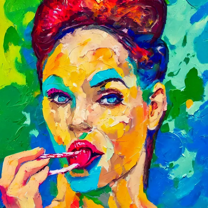 Image similar to portrait of beautiful woman licking a lollipop painted with colorful gouache impasto