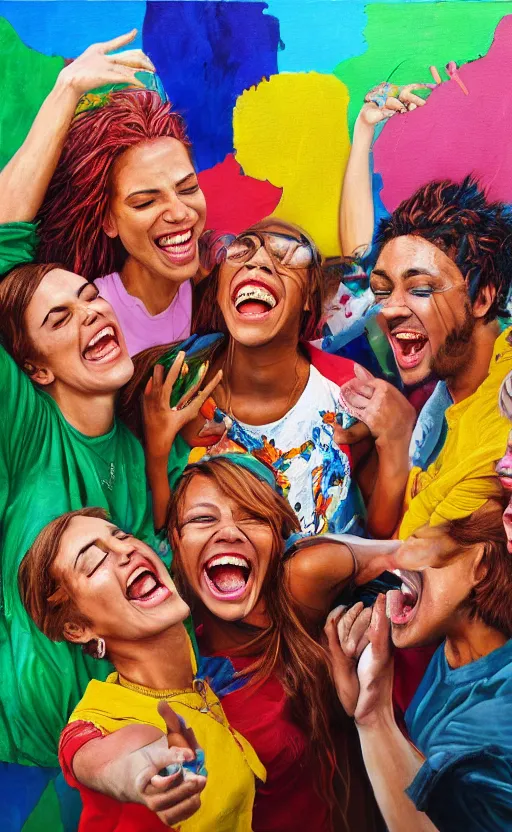 Prompt: incredible beautiful detailed intricate and photorealistic painting of a group of friends laughing together. the colors are very vibrant and the people in the photo look very happy and beautiful. vibrant colors, very funny, personal, positive, visually pleasing, engaging and contains humans. high resolution. high quality. photorealistic. hq hd. 8 k. trending on artstation.