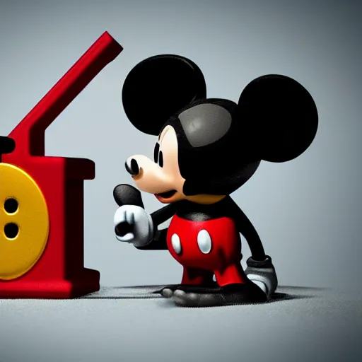Image similar to close up of mickey mouse in a mouse trap, cinematographic shot, cartoon