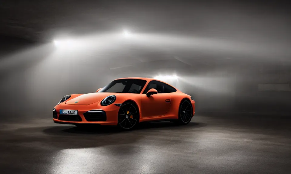 Image similar to photo of a porsche 911 standing in a garage with its headlights turned on, mist, volumetric light, 4k