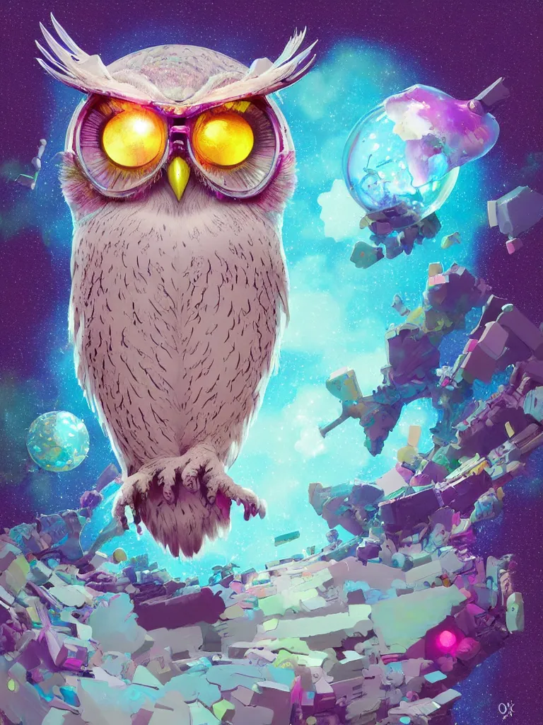 Prompt: a dreamy otherworldly 3 d render of wise owl, pixiv fanbox, dramatic lighting, maximalist pastel color palette, splatter paint, pixar and disney exploded - view drawing, graphic novel by fiona staples and dustin nguyen, peter elson, alan bean, wangechi mutu, clean cel shaded vector art, trending on artstation