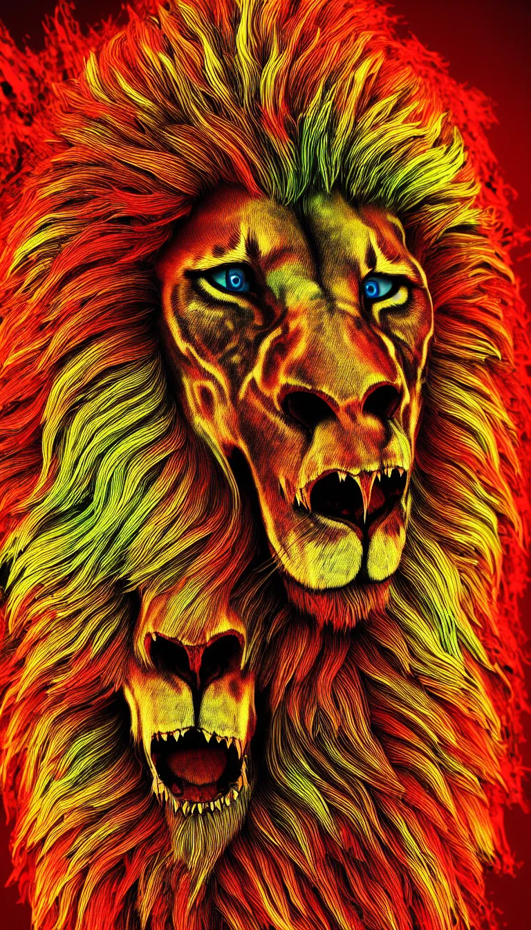 Image similar to highly detailed photo of psychedelic lion skull in the style of Greg Rutswoski, concept art, 8K detail post-processing