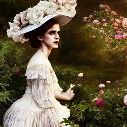 Image similar to on worn out canvas textured canvas wall full body fashion model emma watson smokey eyes makeup eye shadow fantasy, glow, shimmer as victorian woman in a long white frilly lace dress and a large white hat having tea in a sunroom filled with flowers, roses and lush fern flowers ,intricate, night, highly detailed, dramatic lighting , high quality