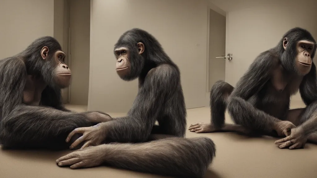 Image similar to a human ape hybrid in college dorm, film still from the movie directed by Denis Villeneuve with art direction by Salvador Dalí, wide lens