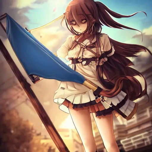 Prompt: anime girl marching on a pavement road with a flag and steampunk weapons and armor, finely detailed, beautiful, serious, cinematic lighting, golden hour, buildings, long brown hair, brown eyes, reflective, sharp focus, anime,