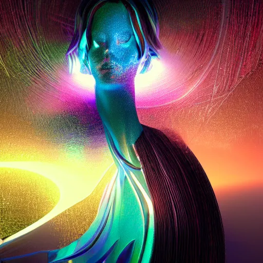 Prompt: Art by Andrew Chiampo and Frederik Heyman, a highly detailed digital art rendering and concept design of a breathtaking young ethereal woman elegantly positioned and entwined in fluid chromatic neon trails, Fantasy, hyperrealism, 4k, volumetric lighting, three dimensions, a digitally altered world, user interface design, 3D modeling, illustration, and transportation design