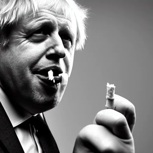 Image similar to medium shot photo of Boris Johnson with a joint in his mouth with smoke coming out, 4k, ultra HD