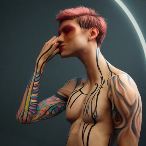 Image similar to : androgynous person with body paint all over hyper detailed art station  parabolic lighting contest winners unrealengine trending on artstation,cinematic, hyper realism, high detail, octane render, 8k