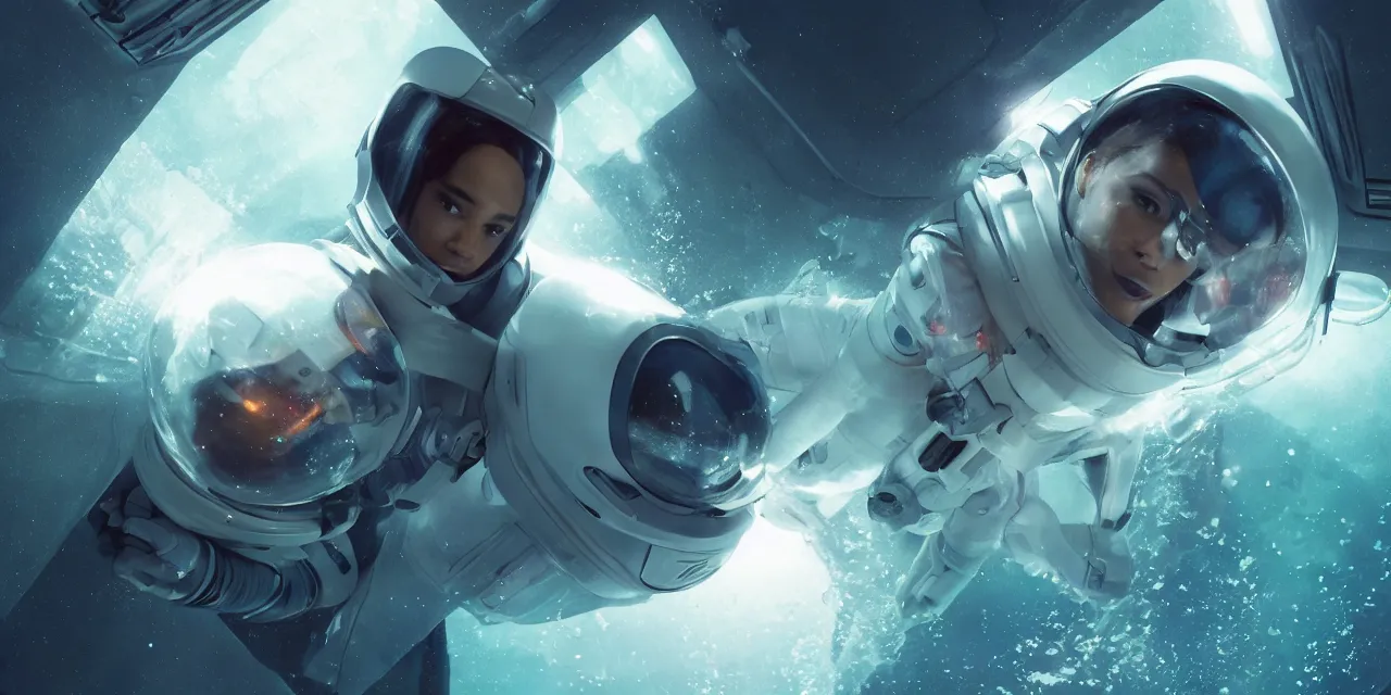 Prompt: Zoe Kravitz futuristic astronaut, outside large window of ship, helmet with clear HUD shield and led lights, underwater in the ocean at night, clear water, bubbles, volumetric lighting, glowing lights, 4k, octane, digital painting, artstation, concept art, sharp focus, illustration, high contrast, high saturation , cinematic film still, art by artgerm and greg rutkowski and alphonse mucha , wide angle view,