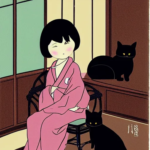 Image similar to A young lady in a kimono with almond-shaped eyes, sitting on a chair in a huge empty room, a black cat sitting on the window, a girl smiling, style