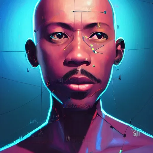 Prompt: bald afro - cyberpunk man with a goatee, manifesting dreams with ancestral magic in a modern world | hyperrealistic oil painting | by makoto shinkai, ilya kuvshinov, lois van baarle, rossdraws, basquiat | afrofuturism, in the style of surrealism, trending on artstation | dark color scheme