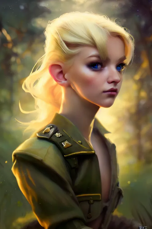 Image similar to cinematic shot of an epic portrait of a cute blonde fairy dressed in military clothes, stylised military clothes, shiny skin, beautiful eyes, beautiful, small details, night setting, realistic poster with volumetric light from craig mallism, artgerm, jeremy lipkin and michael garmash, unreal engine, radiant light, digital art, trends at art station, a masterpiece