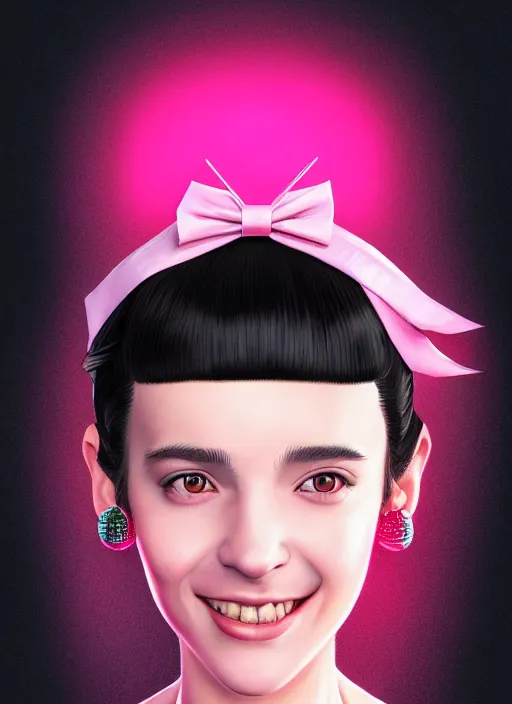 Image similar to portrait of high school girl, realistic, black hair, bangs, half updo hairstyle, pointy nose, skinny, smile, ugly, defined jawline, big chin, pink hair bow, earrings, intricate, elegant, glowing lights, highly detailed, digital painting, artstation, sharp focus, illustration, art by wlop, mars ravelo and greg rutkowski