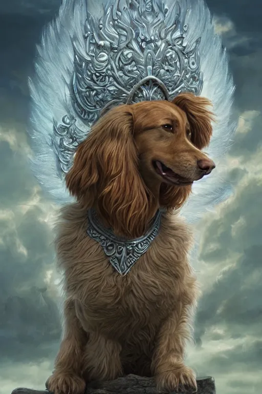 Image similar to Dog as a god with a radiant halo, detailed face, gorgeous, amazing, flowing hair, very muscular male body, partial anatomy, stormy background, caesar victorious, proud Emperor, crepuscular ray, intricate, highly detailed, 8K, digital painting, fantasy, artstation, concept art, sharp focus, over-shoulder shot, illustration, art by greg rutkowski beeple and alphonse mucha, laica chrose