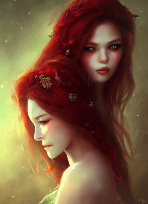 Prompt: a gorgeous flower princess portrait by WLOP, emerald green eyes, red hair, digital painting, beautiful lighting, ominous, cgsociety