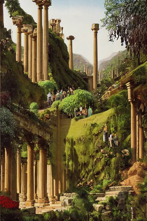 Image similar to hanging gardens of babylon, temple of artemis at ephesus, waterfalls, blooming hills with spring flowers and pillars by helen lundeberg