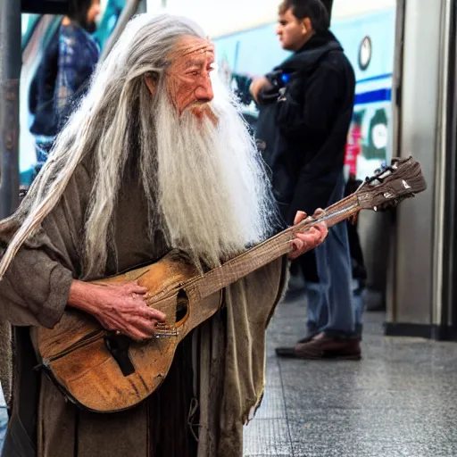 Image similar to a photograph of a washed up gandalf busking on a subway platform