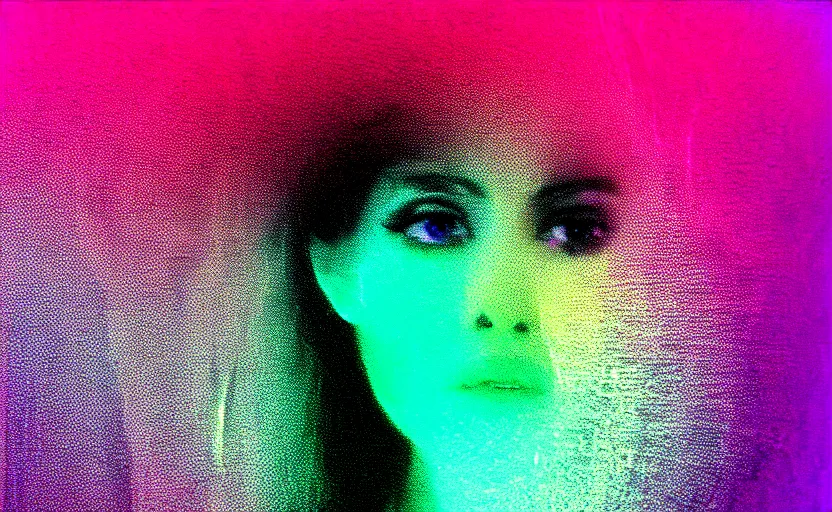 Prompt: vhs glitch art portrat of a woman hidden underneath a sheet, foggy environment, static colorful noise glitch olumetric light, by bekinski, unsettling moody vibe, vcr tape, 1 9 8 0 s analog video, vaporwave aesthetic, directed by david lynch, colorful static, datamosh, pixel stretching