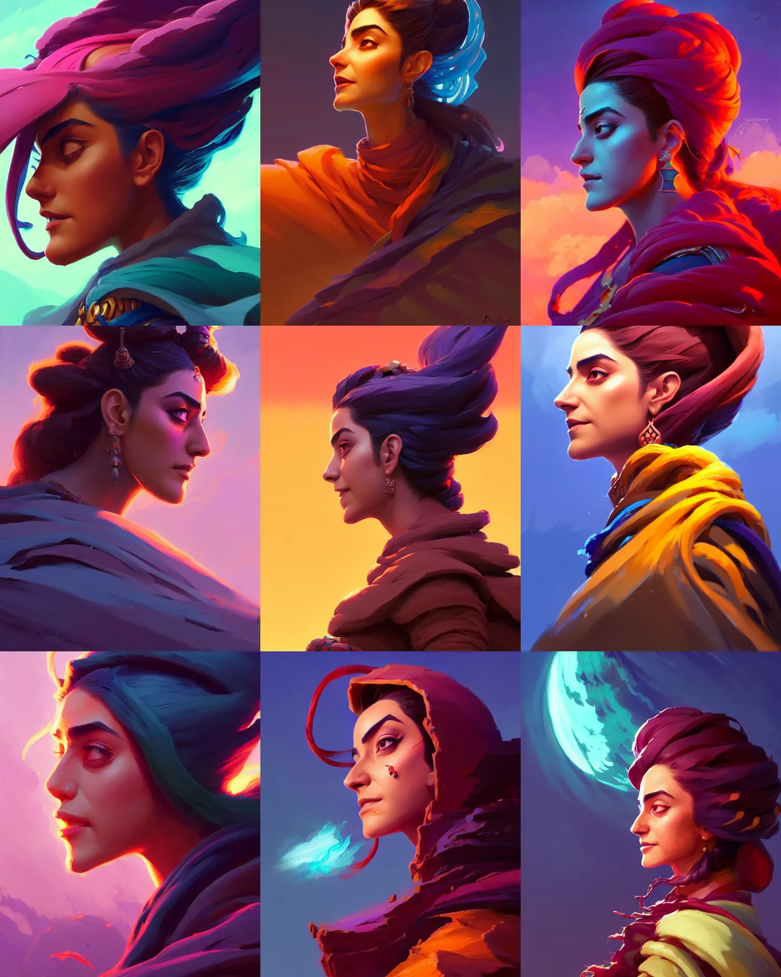 Prompt: side - profile painted portrait, maya ali as a storm sorcerer, fantastically gaudy colors, octane render, gloomhaven, matte painting concept art, official fanart behance hd artstation by jesper ejsing, by rhads and makoto shinkai and lois van baarle and ilya kuvshinov and rossdraws