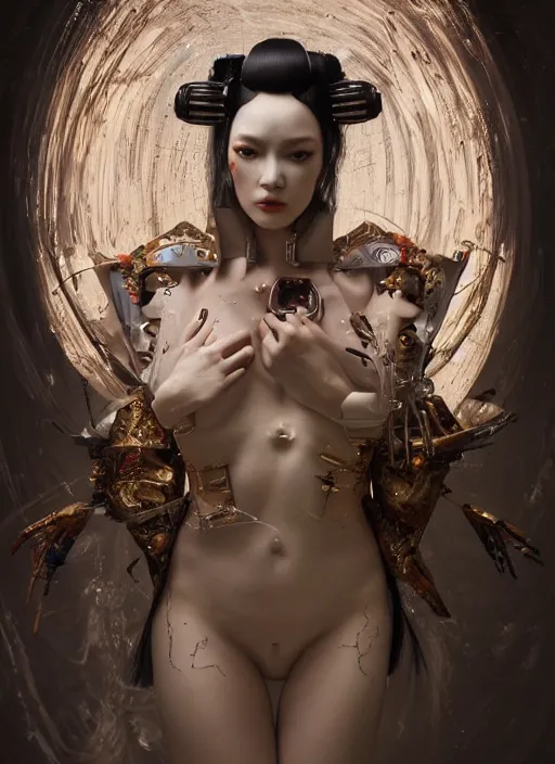 Prompt: portrait of a sensual futuristic geisha cyborg, latex, modern fine art, fractal, intricate ornaments, elegant, highly detailed, digital photography, subsurface scattering, by jheronimus bosch and greg rutkowski,