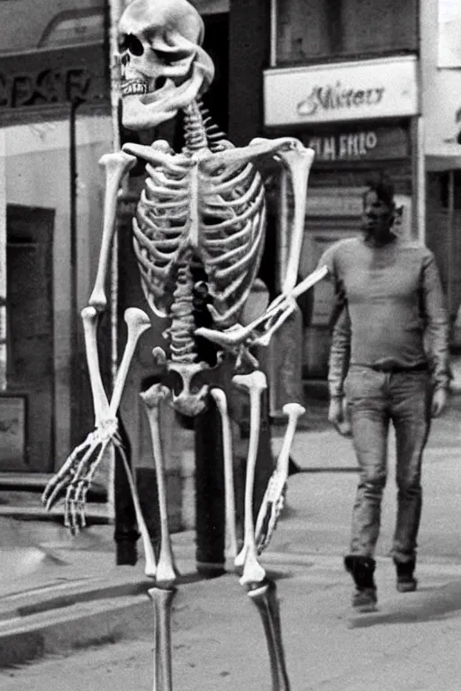 Image similar to still from vhs! footage of skeleton nerve!! cryptid! walking down street