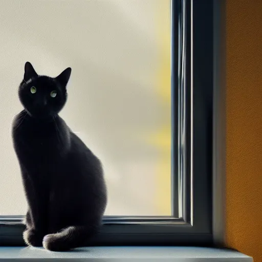 Prompt: peaceful dreamy painting of a content black cat sitting by a window, sunshine coming through the window, small plants on the window sill, golden hour, 4k resolution, highly detailed