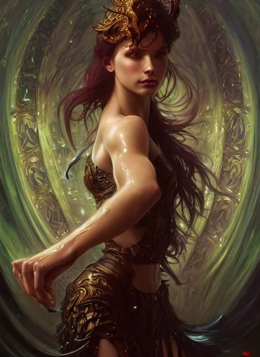 Image similar to dancer of the underworld, d & d, wet, shiny, fantasy, intricate, elegant, higly detailed, ultra definition, digital painting, artstation, unreal engine rendered, concept art, smooth, sharp focus, illustration, art by artgerm and greg rutkowski and alphonse mucha and garis edelweiss