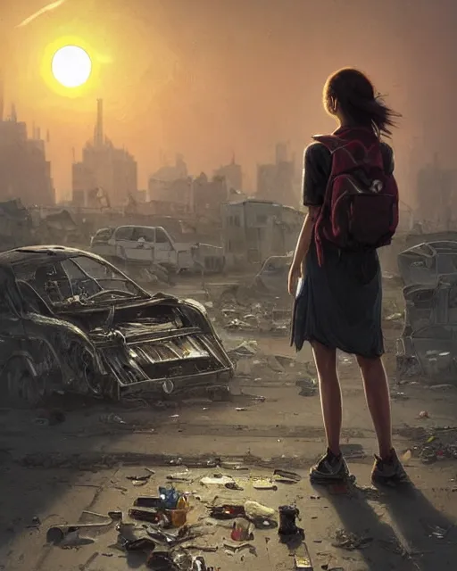 Image similar to poor detailed girl with backpack standing at cars looking for food at garbage dump, destroyed cars, city is pure wasteland, moody sunset in background, high details, photorealism, cinematic, greg rutkowski, alphonse mucha, trending on artstation, artgerm, unreal engine, breathtaking, award winning, highly detailed