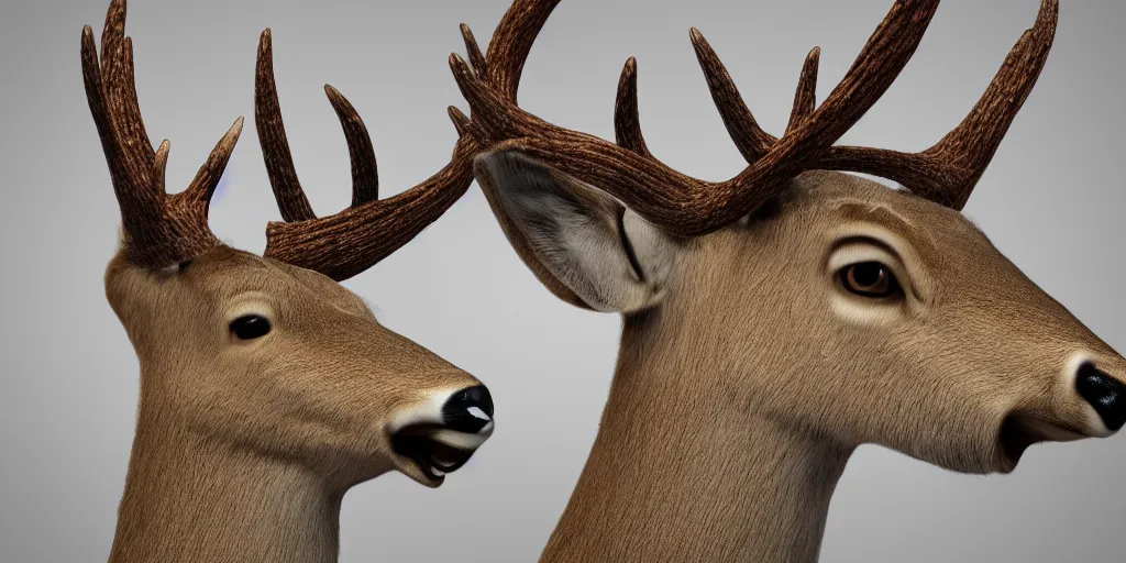Prompt: anthropomorphic deer with a human head, antlers, photo realistic, hyper realistic