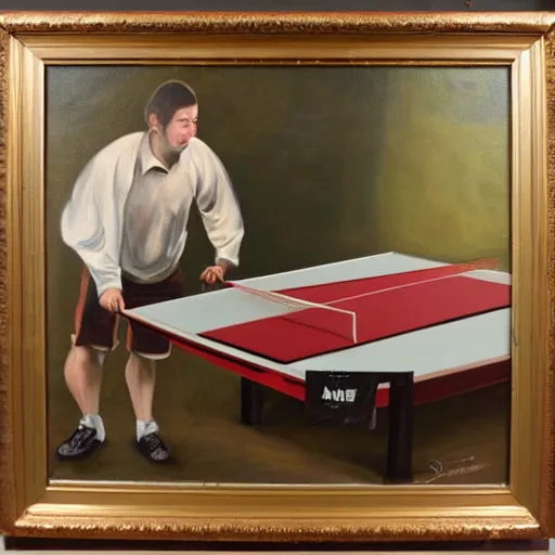 Prompt: Dy mace duke luajtur pingpong me sfondin e portokalltë, oil painting