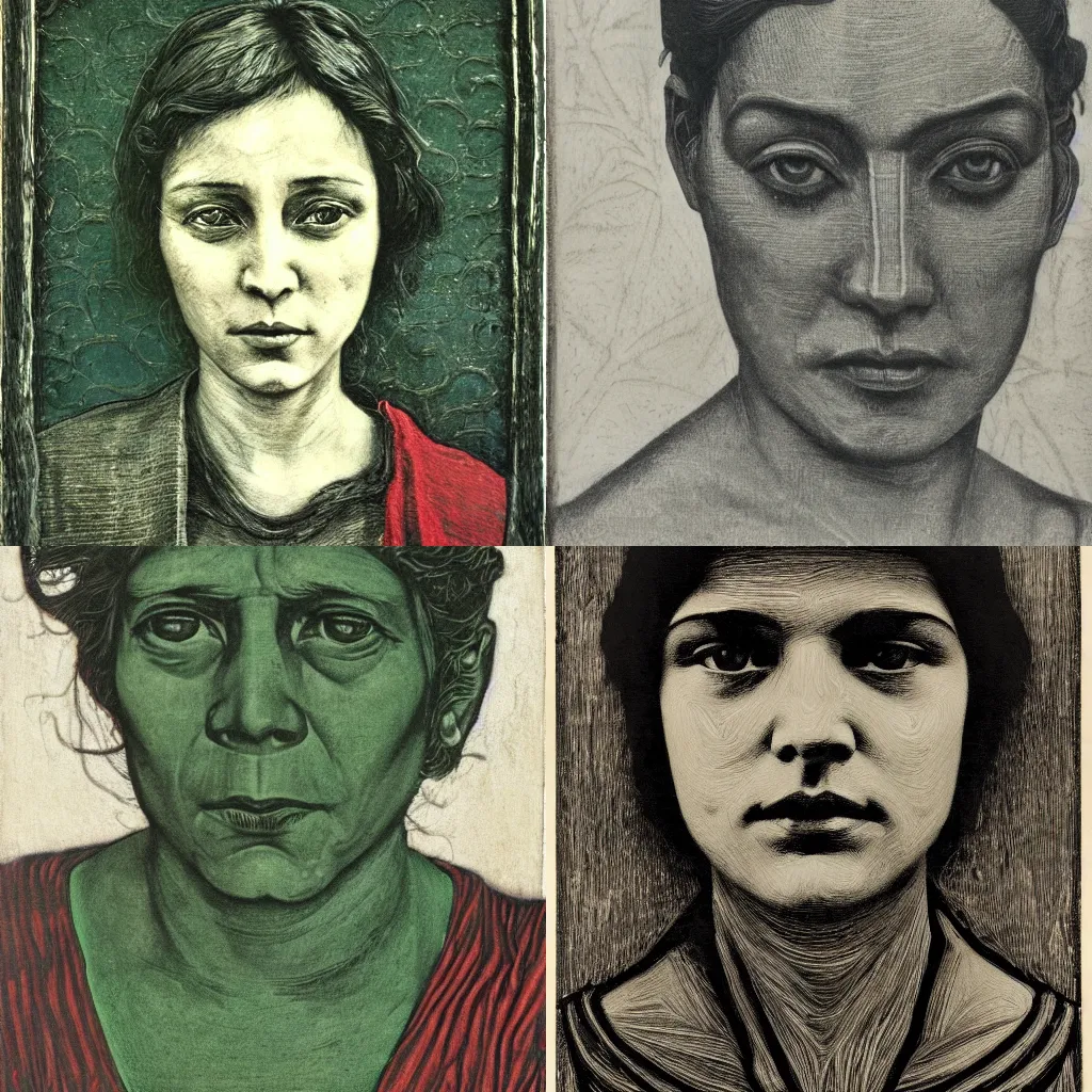 Prompt: portrait, peruvian realist, woodcut, art nouveau ( 1 9 2 2 ), pyrrol scarlet, titanium white, phthalo green, stathmore 2 0 0, 3 5 mm, f 1. 4, grisaille, luminous