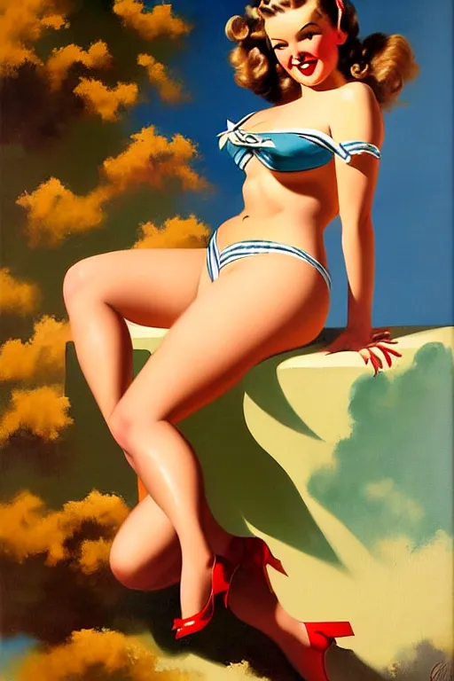 Image similar to 1940s pinup bikini girl, oil painting, by Gil Elvgren