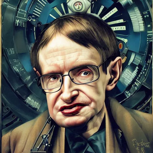 Image similar to portrait of stephen hawking as a stempunk cyborg, clockwork automaton, hanafuda oil on canvas by ivan shishkin, james jean and yoji shinkawa